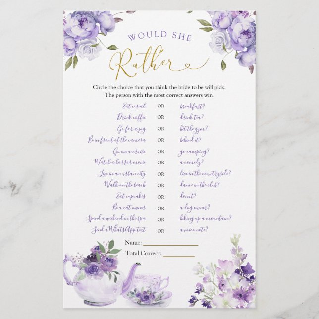 Purple Floral Bridal Shower Tea Would She Rather (Front)