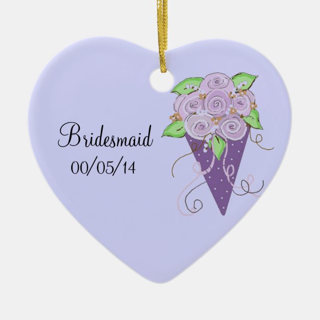 Purple Floral Bridesmaid Bouquet Ceramic Ornament (Front)