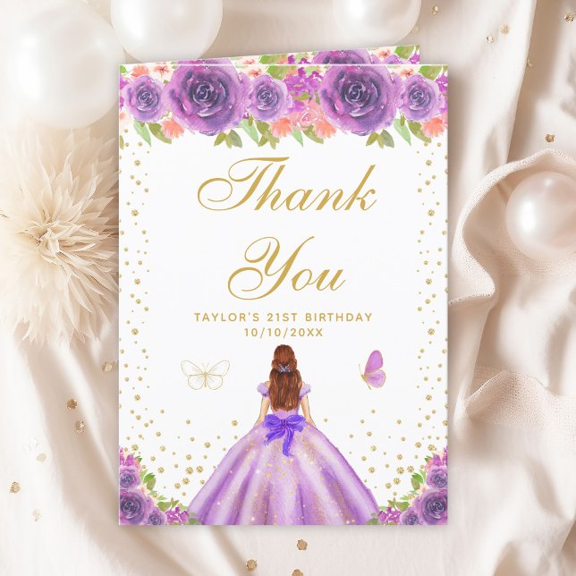 Purple Floral Brown Hair Girl Birthday Party Thank You Card (Creator Uploaded)