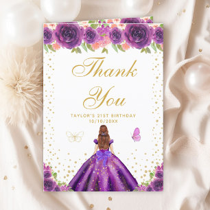 Purple Floral Brown Hair Girl Birthday Party Thank You Card