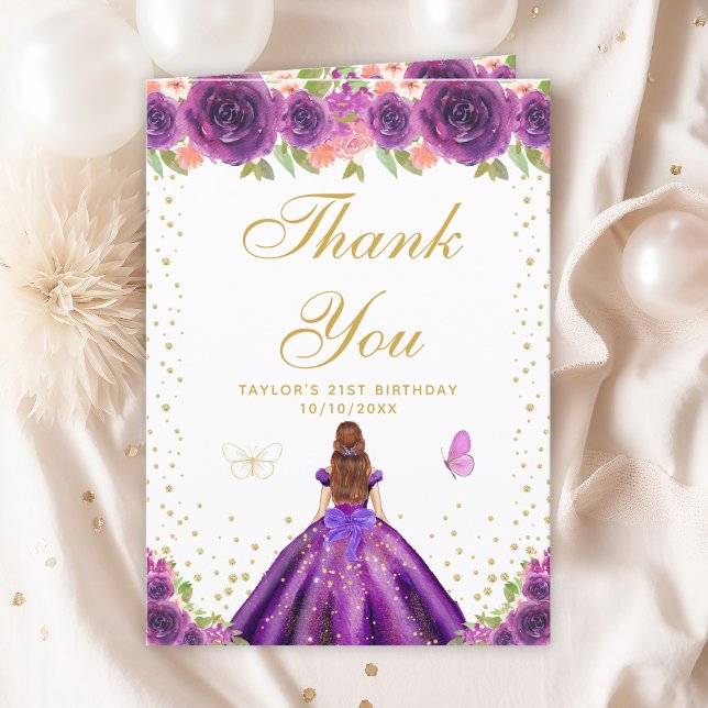 Purple Floral Brown Hair Girl Birthday Party Thank You Card (Creator Uploaded)