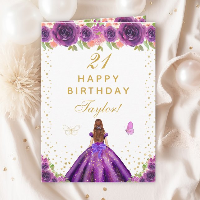 Purple Floral Brown Hair Girl Happy Birthday Card (Creator Uploaded)