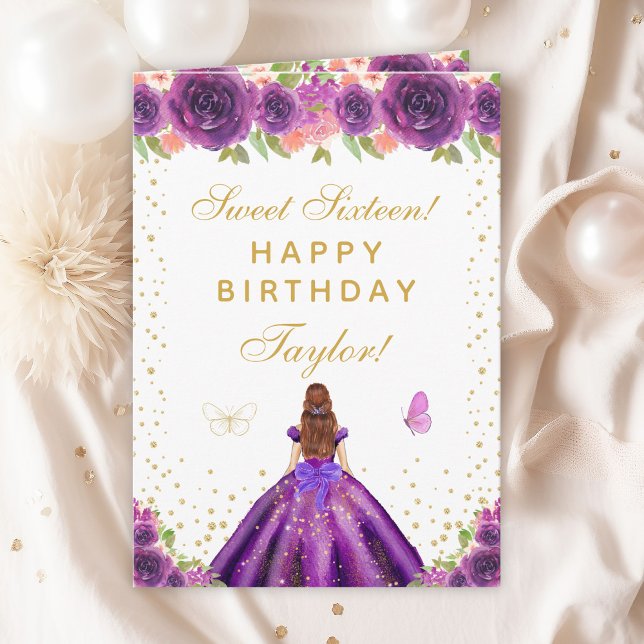 Purple Floral Brown Hair Girl Sweet Sixteen Card (Creator Uploaded)
