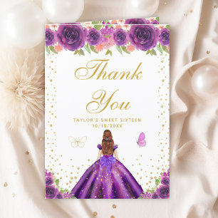 Purple Floral Brown Hair Girl Sweet Sixteen Thank You Card