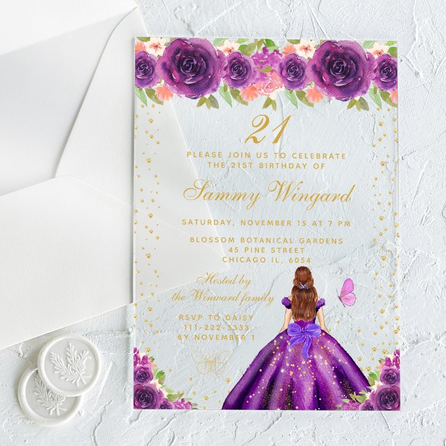 Purple Floral Brown Hair Princess Birthday Party Acrylic Invitations (Creator Uploaded)
