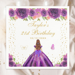 Purple Floral Brown Hair Princess Birthday Party Napkin