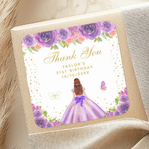 Purple Floral Brown Hair Princess Birthday Party Square Sticker