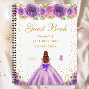 Purple Floral Brown Hair Princess Guest Book