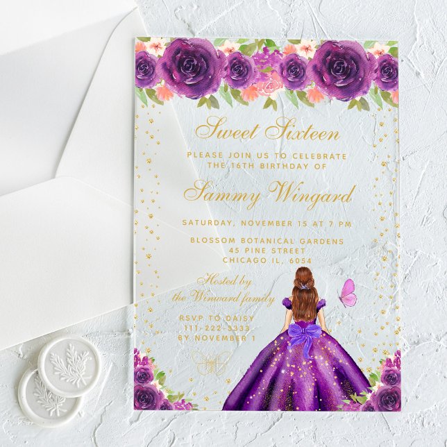 Purple Floral Brown Hair Princess Sweet Sixteen Acrylic Invitations (Creator Uploaded)