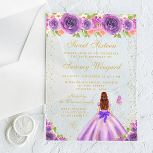 Purple Floral Brown Hair Princess Sweet Sixteen Acrylic Invitations