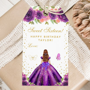 Purple Floral Brown Hair Princess Sweet Sixteen Gift Tags