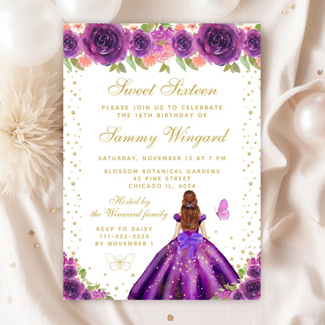 Purple Floral Brown Hair Princess Sweet Sixteen Invitation (Creator Uploaded)