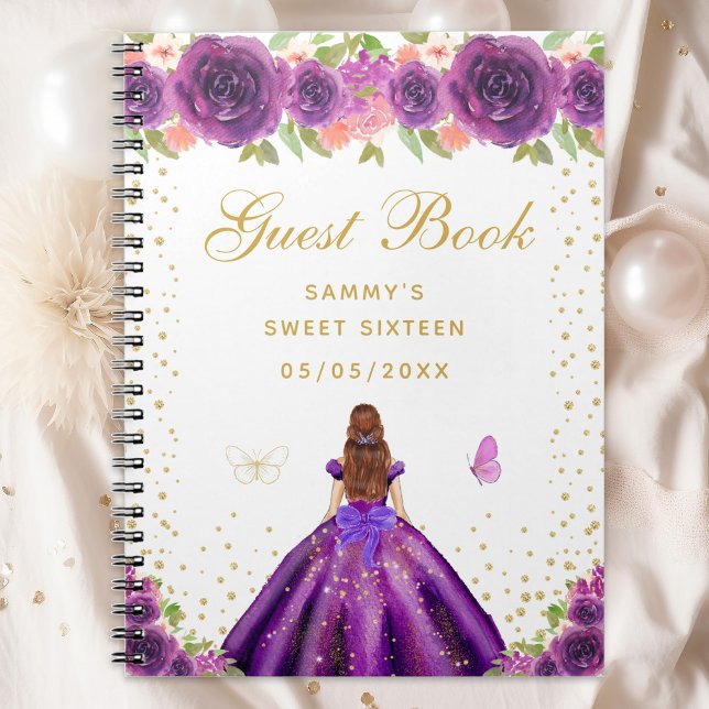 Purple Floral Brown Hair Princess Sweet Sixteen Notebook (Creator Uploaded)