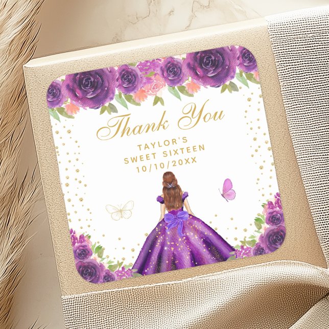 Purple Floral Brown Hair Princess Sweet Sixteen Square Sticker (Creator Uploaded)