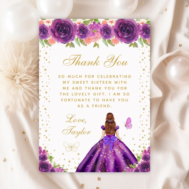 Purple Floral Brown Hair Princess Sweet Sixteen Thank You Card (Creator Uploaded)