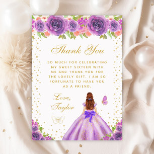 Purple Floral Brown Hair Princess Sweet Sixteen Thank You Card