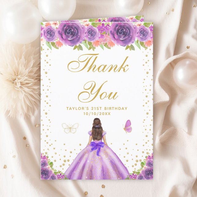 Purple Floral Brunette Hair Girl Birthday Party Thank You Card (Creator Uploaded)
