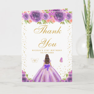 Purple Floral Brunette Hair Girl Birthday Thank You Card