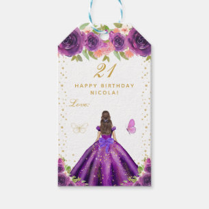 Purple Floral Brunette Hair Girl Happy Birthday Gift Tags