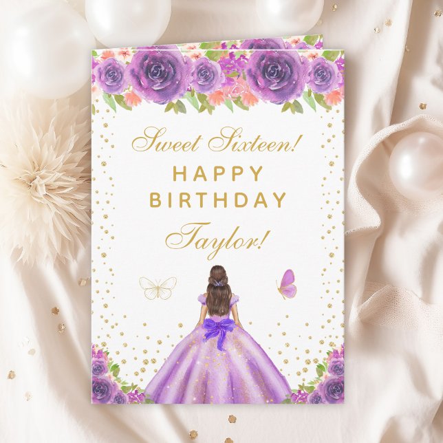 Purple Floral Brunette Hair Girl Sweet Sixteen Card (Creator Uploaded)