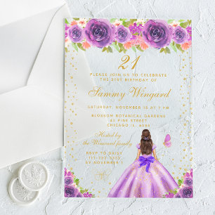 Purple Floral Brunette Hair Princess Birthday Acrylic Invitations