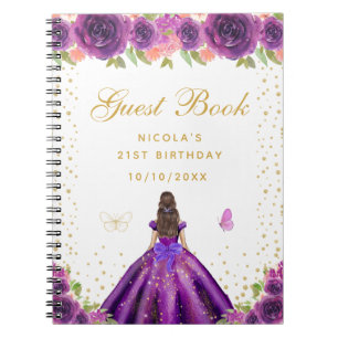 Purple Floral Brunette Hair Princess Birthday  Notebook