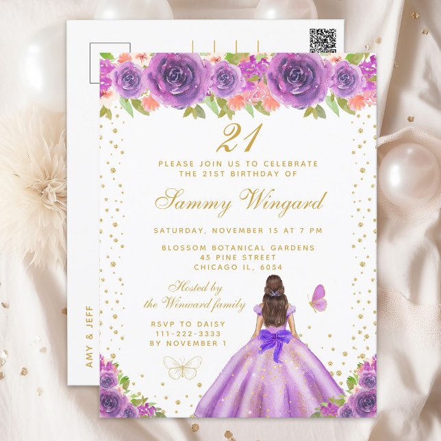 Purple Floral Brunette Hair Princess Birthday Postcard (Creator Uploaded)
