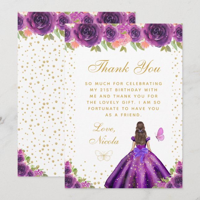 Purple Floral Brunette Hair Princess Birthday  Thank You Card (Front/Back)