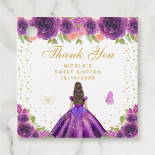 Purple Floral Brunette Hair Princess Sweet Sixteen Favour Tags