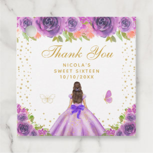 Purple Floral Brunette Hair Princess Sweet Sixteen Favour Tags