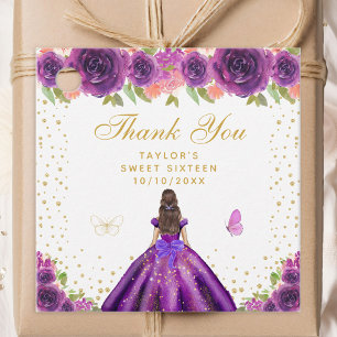 Purple Floral Brunette Hair Princess Sweet Sixteen Favour Tags