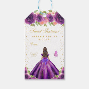 Purple Floral Brunette Hair Princess Sweet Sixteen Gift Tags