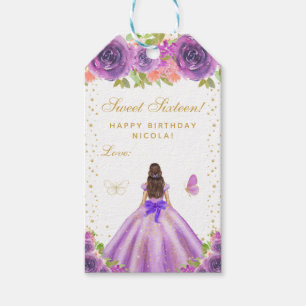 Purple Floral Brunette Hair Princess Sweet Sixteen Gift Tags