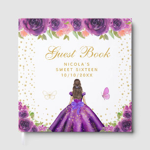 Purple Floral Brunette Hair Princess Sweet Sixteen Guest Book
