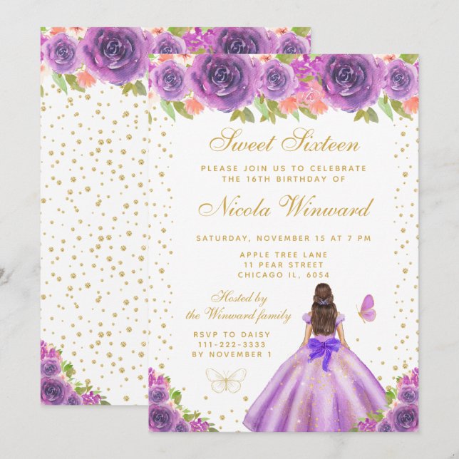 Purple Floral Brunette Hair Princess Sweet Sixteen Invitation (Front/Back)