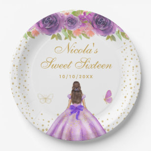 Purple Floral Brunette Hair Princess Sweet Sixteen Paper Plate