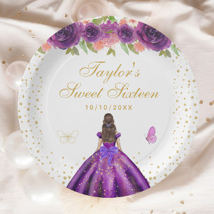 Purple Floral Brunette Hair Princess Sweet Sixteen Paper Plate