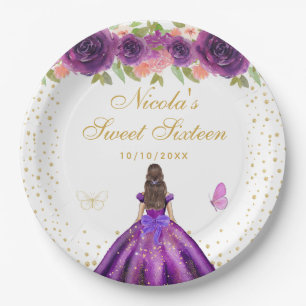 Purple Floral Brunette Hair Princess Sweet Sixteen Paper Plate