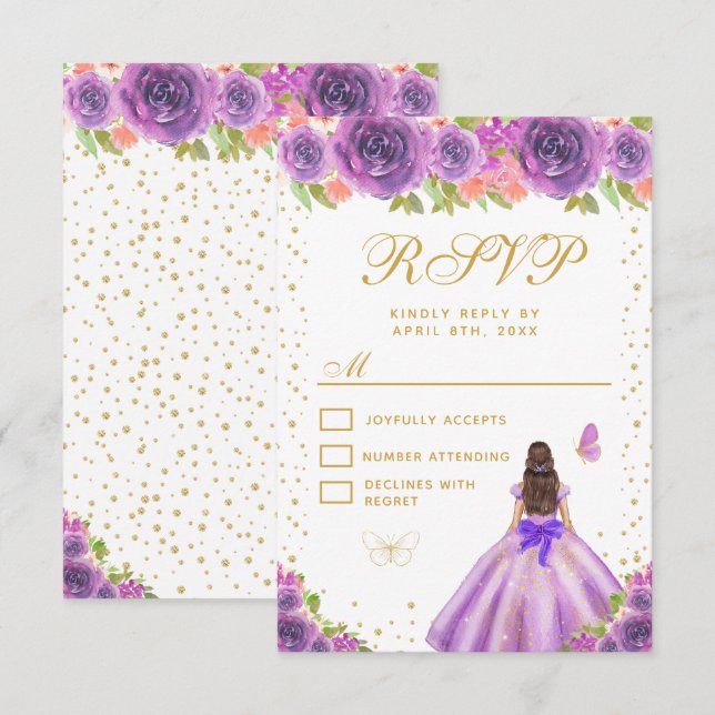 Purple Floral Brunette Hair Princess Sweet Sixteen RSVP Card (Front/Back)