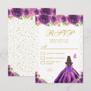 Purple Floral Brunette Hair Princess Sweet Sixteen RSVP Card