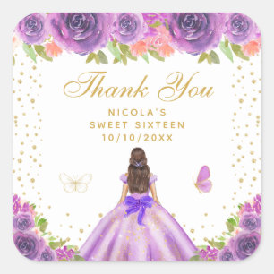 Purple Floral Brunette Hair Princess Sweet Sixteen Square Sticker