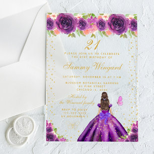 Purple Floral Brunette Princess Birthday Party Acrylic Invitations