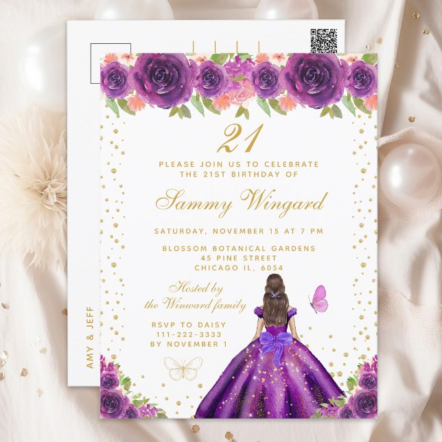 Purple Floral Brunette Princess Birthday Party Postcard (Creator Uploaded)