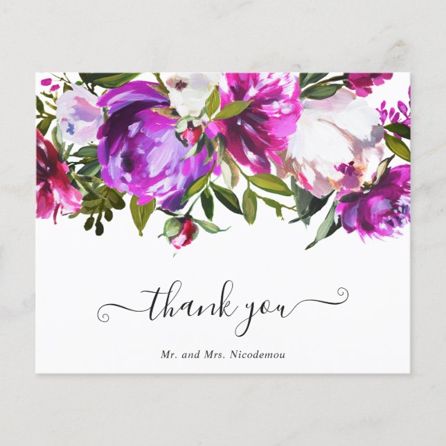 Purple Floral Budget Wedding Thank You Card (Front)