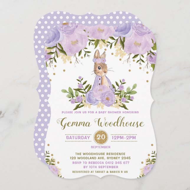 Purple Floral Bunny Rabbit Baby Shower Invitation (Front/Back)