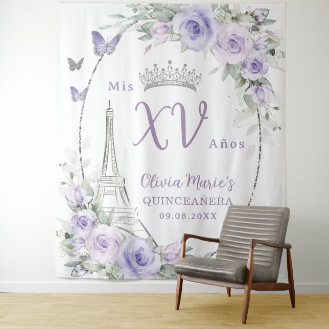 Purple Floral Butterflies Eiffel Paris Quinceañera Tapestry (In Situ)