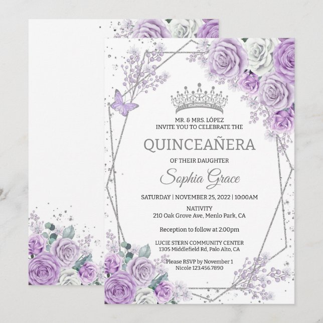 Purple Floral Butterflies  Quinceañera Birthday Invitation (Front/Back)