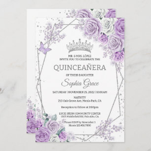 Purple Floral Butterflies Quinceañera Birthday Invitation