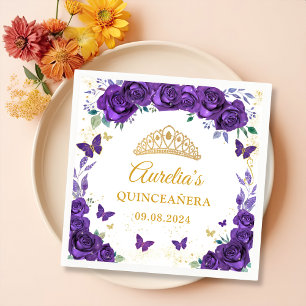 Purple Floral Butterflies Quinceanera Napkins
