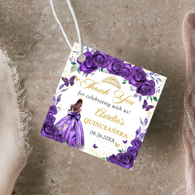 Purple Floral Butterflies Quinceañera Princess Favour Tags (Creator Uploaded)